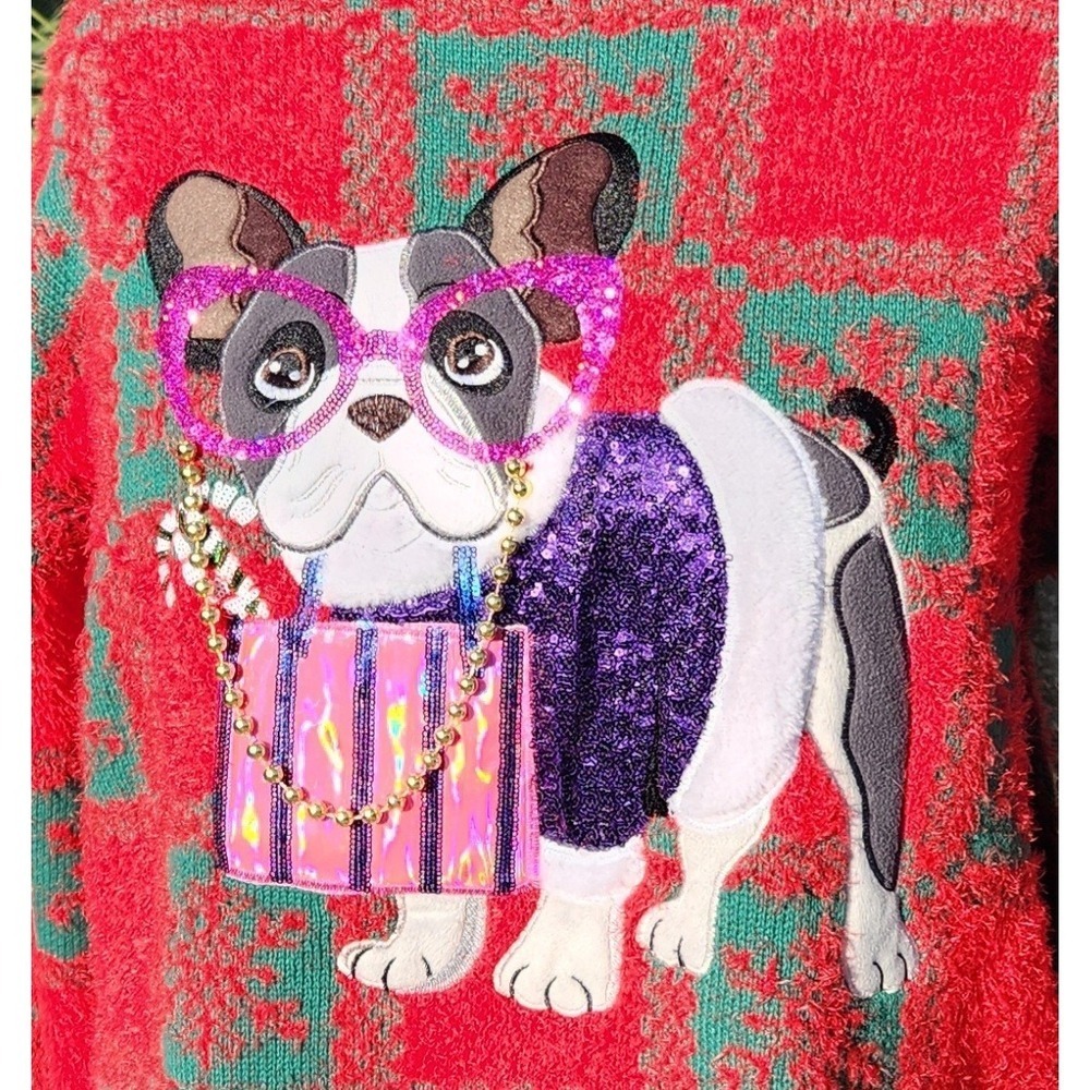 2X Dog Sequin Fuzzy Sweater French Bulldog Red Green Plaid soft stretchy 20 22w